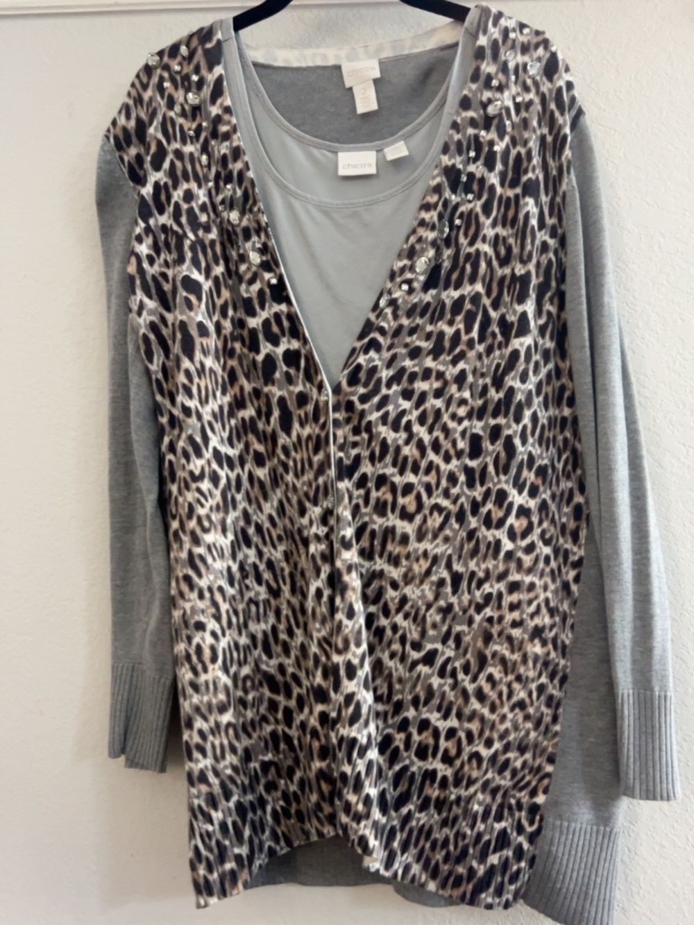 Chico’s Size 2 Leopard Embellished Cardigan & Metallic Tank 2 Piece Set